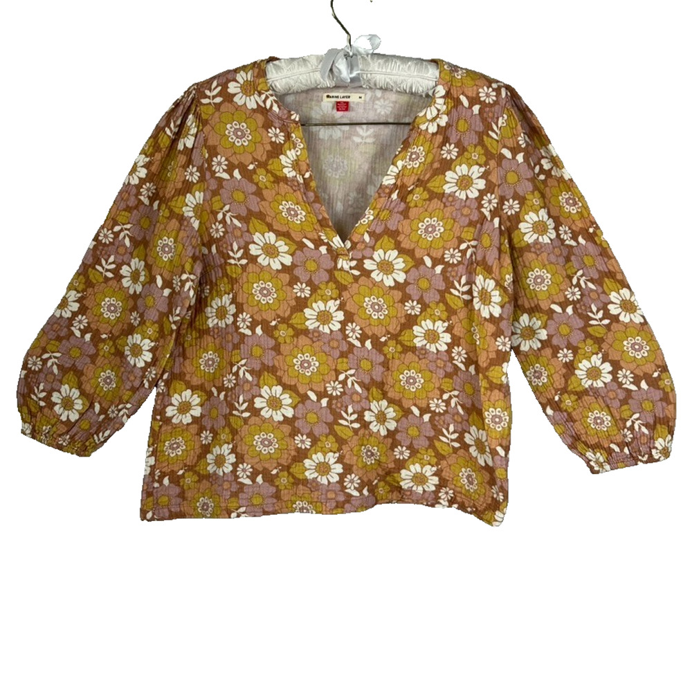 Marine Layer Blouse Womens Size M Banded Collar Top Yellow & Orange Floral Gauzy